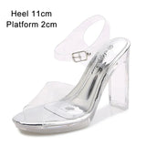 2023 Summer New Sandals Women Fashion Rhinestones Square Heel Transparent Women Shoes High Heels11cm Female Party