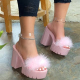 Feather Women Sandals with Chunky Heels and Waterproof Platform One-button Shoes for Women 2022 Summer New Princess