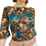 Khaki Vintage Print V Neck Flare Long Sleeve Y2K Tops Cute E Girl Fairy Grunge Aesthetic Graphic T Shirts for