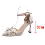 Sexy Thin Heels Ankle Strap Pumps Women Lace Bowknot Wedding Party Shoes Woman Elegant Pointed Toe Silk High Heels