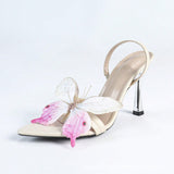 Breakj Women's Butterfly High Heel Sandals French-Style Silk And Satin Fabric Elastic Rubber And Sharp Women's Shoes Ultra-High