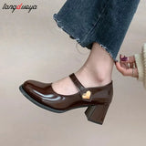 High Heels Women Shoes 2023 New Thick Mary Janes Lolita Pumps Fashion Ladies PU Leather Sandals Casual Black