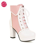 Brand Design High Quality Sweet Cute Platform Lolita Boots Lace-up Cosplay Platform Thick High Heel Ankle Boots Big Size