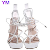 2021 New Summer Fashion Lace Up Design Women Sandals PU Ankle Cross Strap Sandals 10CM High Heels Ladies Sandals Open Toe
