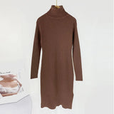 Solid Knitted Long Dress Women Autumn Winter Turtleneck Long Sleeve Sweater Dress Lady Split Loose Casual Dress