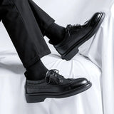 Breakj Vintage Round Head Cloth Block Carved Men's Fashion Business Casual Leather Shoes Increased Thick Bottom