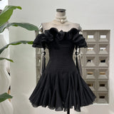 Gentle Lotus Leaf Petal Word Collar Solid Fairy Short Dress Waist Niche Hip Party Elegant