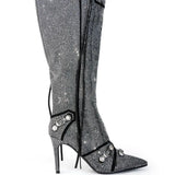 Breakj Pointy Tip With Ultra High Heel Side Open Zipper Rivets Buckle Diamond Large Size And Knee Boots High
