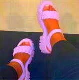 Elegant Women Leather Sandals 2022 New Summer Diamond Lattice Sandals Casual Flat Bottom Platform Sandals Women