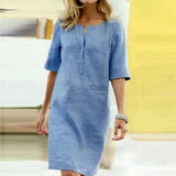 Winter Autumn Button Cotton Linen Dress women Elegant O-Neck Knee length Long Sleeve Pocket Solid Dress Plus Size