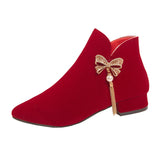 Breakj New Bow Water Diamond String Beads Wedding Shoes Korean Version Tassel Thick Heel Comfortable Bride Boots Wine Red Fashion