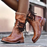 Shoes Retro Female Pu Leather Rivet Block Lace Up Motorcycle Boots Low Heel Mid Calf Boots Plus Size