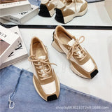 Chunky Sneakers Women Real Leather Platform Shoes Mixed Colors Lace-Up Lady Trendy Trainers Thick Sole Handmade