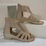 2023 Summer New Large-Size Slope Heel Diamond Roman Sandals Women's Zipper Leisure