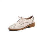 Retro Flat Shoes Woman Cow Leather Female Flats Lace-Up Brogue Shoes For Women With Low Heel British Style
