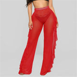 Beach Pants New Arrival Mesh Sheer Bikini Cover Up Transparent Ruffle High Waist Pants Long See Through Ladies