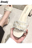 2023 Sandals Slippers for Women's Summer Thick-heeled Slides High Heels Flip-flops Women Korean Pearl Open-toe