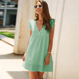 Casual V Neck Solid Cotton Dress Butterfly Short Sleeve Loose Lace Dress Summer Lady Elegant Mini Dresses Vestidos