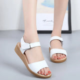 Breakj Cow Skin Slope Heel Sandals Women Korean Version Of Fashion Magic Sticky Beach Sandals One-字字 Heel Mother