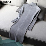 autumn winter midi sweater dress women staight knit short dress highneck dress female slim sweater bodycon warm