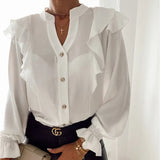 Summer Women Polka Dot Ruffle Blouse Shirt Casual Elegant Office Long Sleeves Buttons Pullover Lady Autumn Streetwear