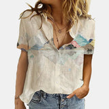 Women Elegant Office Simple Turn-down Collar Cartoon Print Casual Shirt Fashion Summer Short Sleeves Button Cardigan
