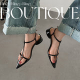 Belt Simple Series ~2024 Summer Inside And Outside Full Leather Thick Heel Sandals Cowhide Korean Version With Pointed