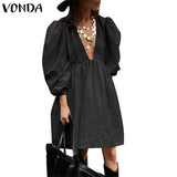 Deep V Neck Dress Women Summer Sundress 2022 VONDA Vintage Lantern Sleeve Zipper Party Dress Casual