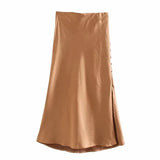Satin Elastic waist Women Side Slit Midi Skirt 2020 New Fashion Casual Lady Button decoration Slim A-Line Skirts