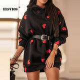Fashion Women O Neck Hooded Cute Heart-Shaped Print Sweatshirts Casual Loose Long Sweatshirt Elegant Streetwear
