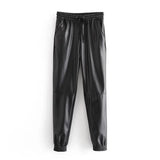 Lady Full Length Pu Leather Pants Drawstring Sports Style Long Sweatpants Women Baggy Casual Pencil Pants Pantalon