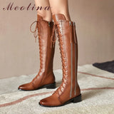 Women Knee High Boots Shoes Genuine Leather Mid Heel Ladies Boots Zipper Cross Tied Thick Heels Long Boots Winter