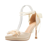 Flower Bow Pearl Chain Waterproof Platform Heel Heels Not Tired Wedding Shoes High
