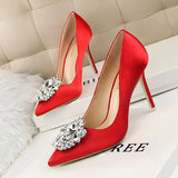 Breakj Korean Version Of Water Diamond Women's Shoes Thin Heel High Heel Sexy Show Thin Shallow Mouth Pointed Shiny Water Diamond With Buckle Single
