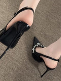 Breakj ~ Temperament Naked Paint Leather Tip Fine And Light Mouth Single Shoes Women After The Empty Autumn And Winter Water Drill High Heels