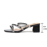 Breakj Summer New Large Size Solid Color Fashion Two Wear Square Head Rhinestone Women's Thick High Heel Slippers