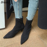 New Women Sock Ankle Boots Fashion Black Slip On Ladies Elegant Dress Short Boot Thin High Heel Dress Chelsea