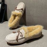 Bowtie Fur Mocasines Women Mink Hair Boots Winter Plush Warm Flats Genuine Leather Loafers Femmes Shearling Cotton