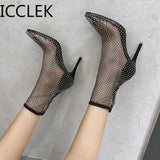 Crystal Transparent PVC Mesh Upper Ankle Boots for Women Pointed Toe High Heels Shoes Woman Zapatos De Mujer