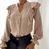 Summer Women Polka Dot Ruffle Blouse Shirt Casual Elegant Office Long Sleeves Buttons Pullover Lady Autumn Streetwear