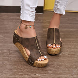 Breakj Slope And Fish Mouth Cool Slippers Women Summer New Rivet Pine Cake Thick Bottom High Heel