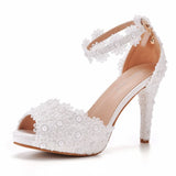 Breakj Yard Fish Mouth High Heel Sandals Waterproof Table Sandals Fine Heel Lace Beaded Wedding Shoes Wedding