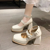 Design Buckle Pumps Thick Heels HIgh Heels for Lady Mary Jane Shoes Platform Waterprof JK Punk Shoes Footwear Square