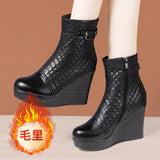 Autumn And Winter New Martin Boots Women's Leather Thick-Soled Waterproof Table High Heel Slope Show Thin Short Boots Women's Short