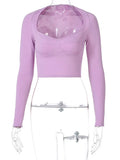 Square Collar Tops Y2K Woman Sexy Long Sleeve Skinny Purple Autumn Basic Female Fitness Casual Fashion T-Shirts