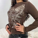 Fairy Grunge Heart Wings Print Top Graphic Tee Vintage Cyber Y2k Aesthetic Clothes Brown Long Sleeve T