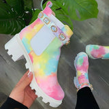 Ankle Boots Autumn Winter Rainbow Short Boots Square Heel Rhinestone Shoes Non-slip Fashion Thick Bottomn Footwear 2021