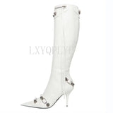 Fashion Luxury Pointed Toe Stiletto Women's Shoes Retro Metal Buckle Zipper Knee High Boots Slim Tassel Boots Women Size