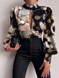 Spring New Sexy Elegant Hollow Out Backless Tops Women Vintage Print Lantern Sleeve Shirt Lady Fashion Turtleneck Lace-Up