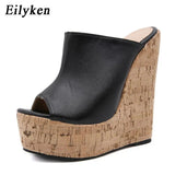 Peep Toe Platform Wedge Slippers Black Summer Shoes Woman Sexy Super High Sandal Slippers Black 35-42